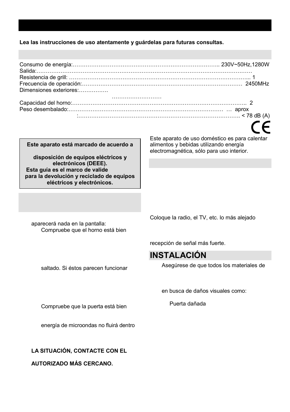 Manual de instrucciones del propietario es, Especificaciones, Antes de llamar al centro de reparaciones | Interferencias de radio, Instalación | Gorenje GMO-23 A User Manual | Page 163 / 169