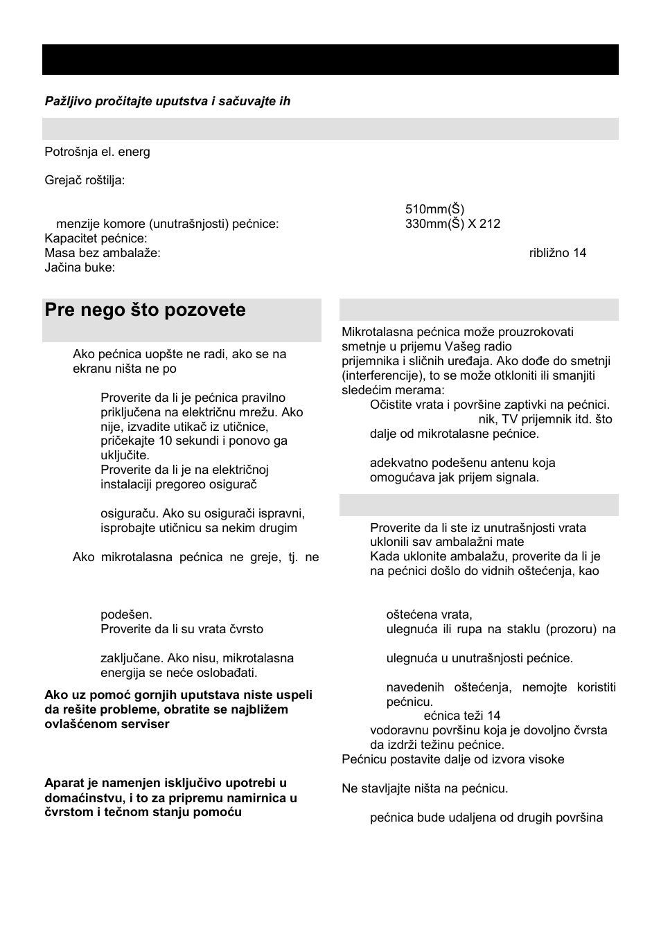 Uputstvo za upotrebu srb mne, Specifikacije, Pre nego ńto pozovete servisera | Radio-smetnje (interferencije), Postavljanje | Gorenje GMO-23 A User Manual | Page 17 / 169
