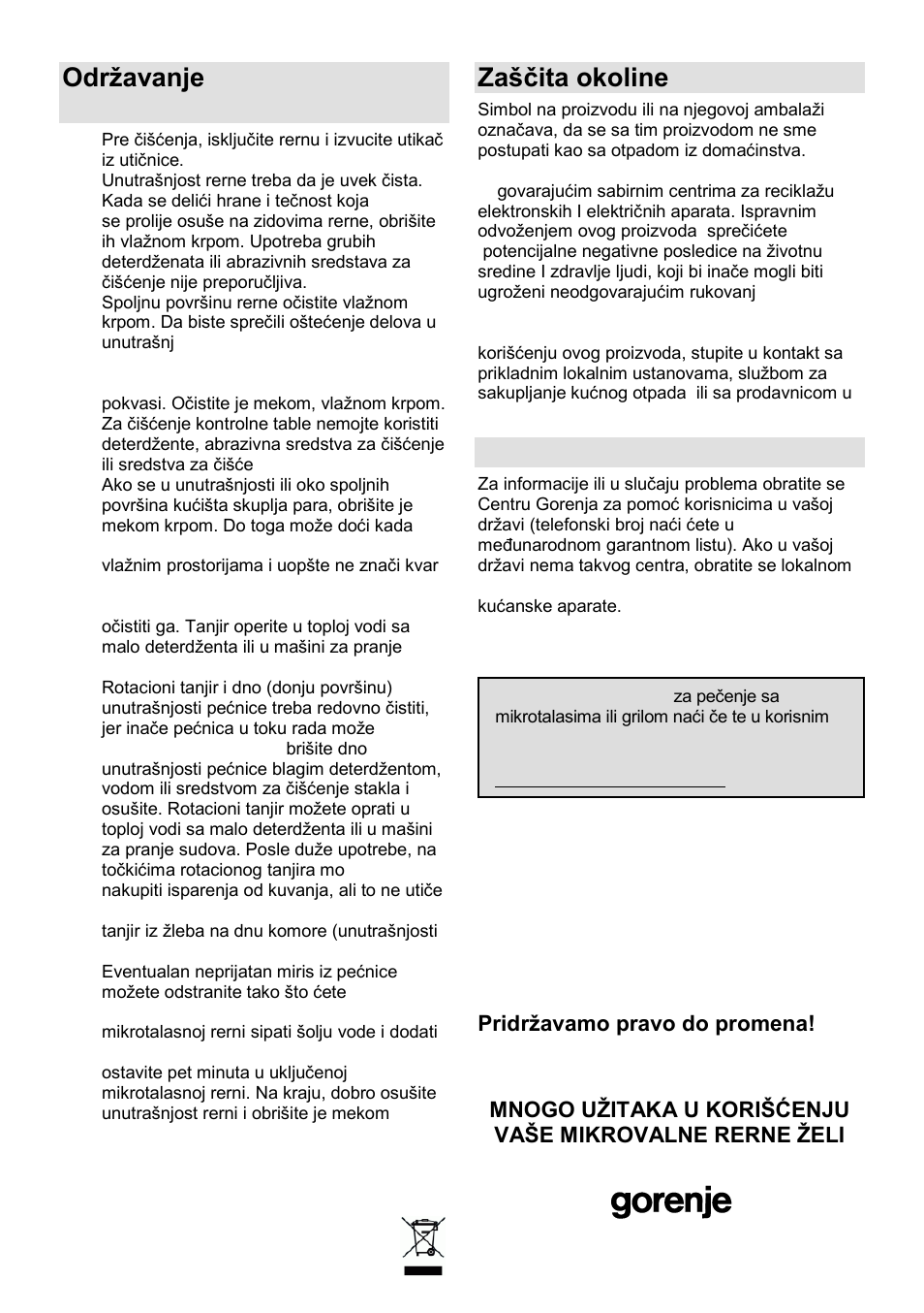 Odrņavanje mikrotalasne rerne, Zańĉita okoline, Garancija i servis | Gorenje GMO-23 A User Manual | Page 23 / 169