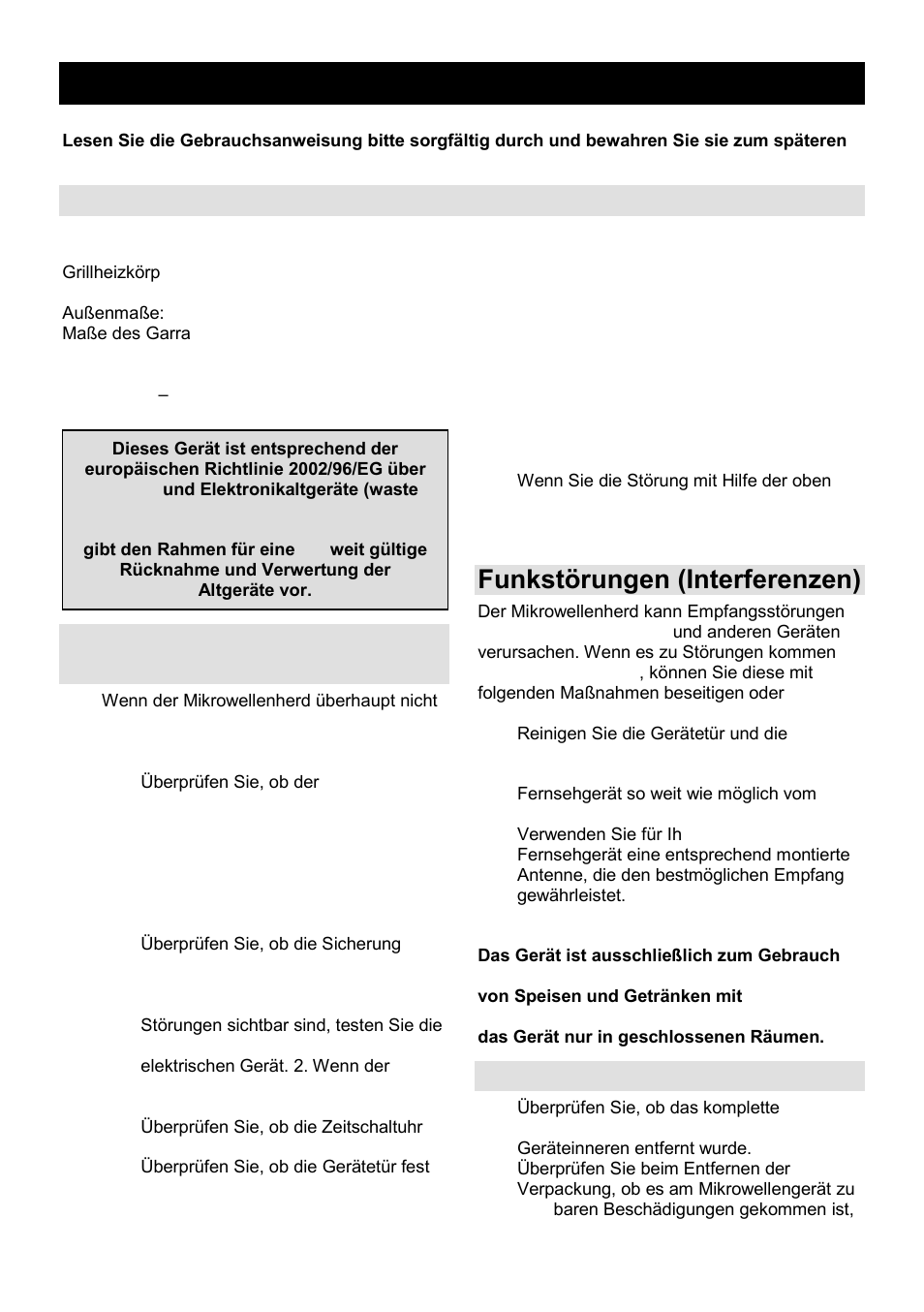 Gebrauchsanweisung de, Technische daten, Bevor sie den kundendienst anrufen | Funkstörungen (interferenzen), Aufstellung | Gorenje GMO-23 A User Manual | Page 39 / 169