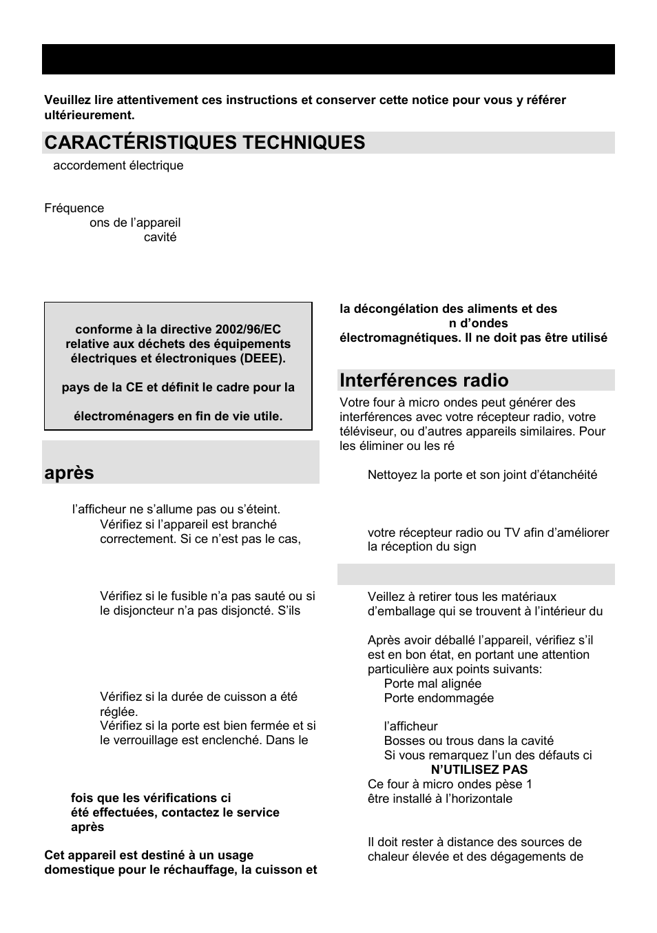 Notice d'utilisation fr, Caractéristiques techniques, Avant de contacter le service après-vente | Interférences radio, Installation | Gorenje GMO-23 A User Manual | Page 47 / 169
