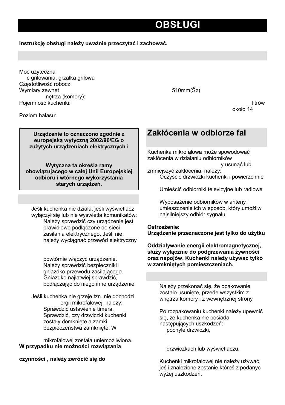 Instrukcja obsługi pl, Charakterystyki techniczne, Przed wezwaniem serwisu | Zakłócenia w odbiorze fal radiowych i elewizyjnych, Instalacja | Gorenje GMO-23 A User Manual | Page 62 / 169