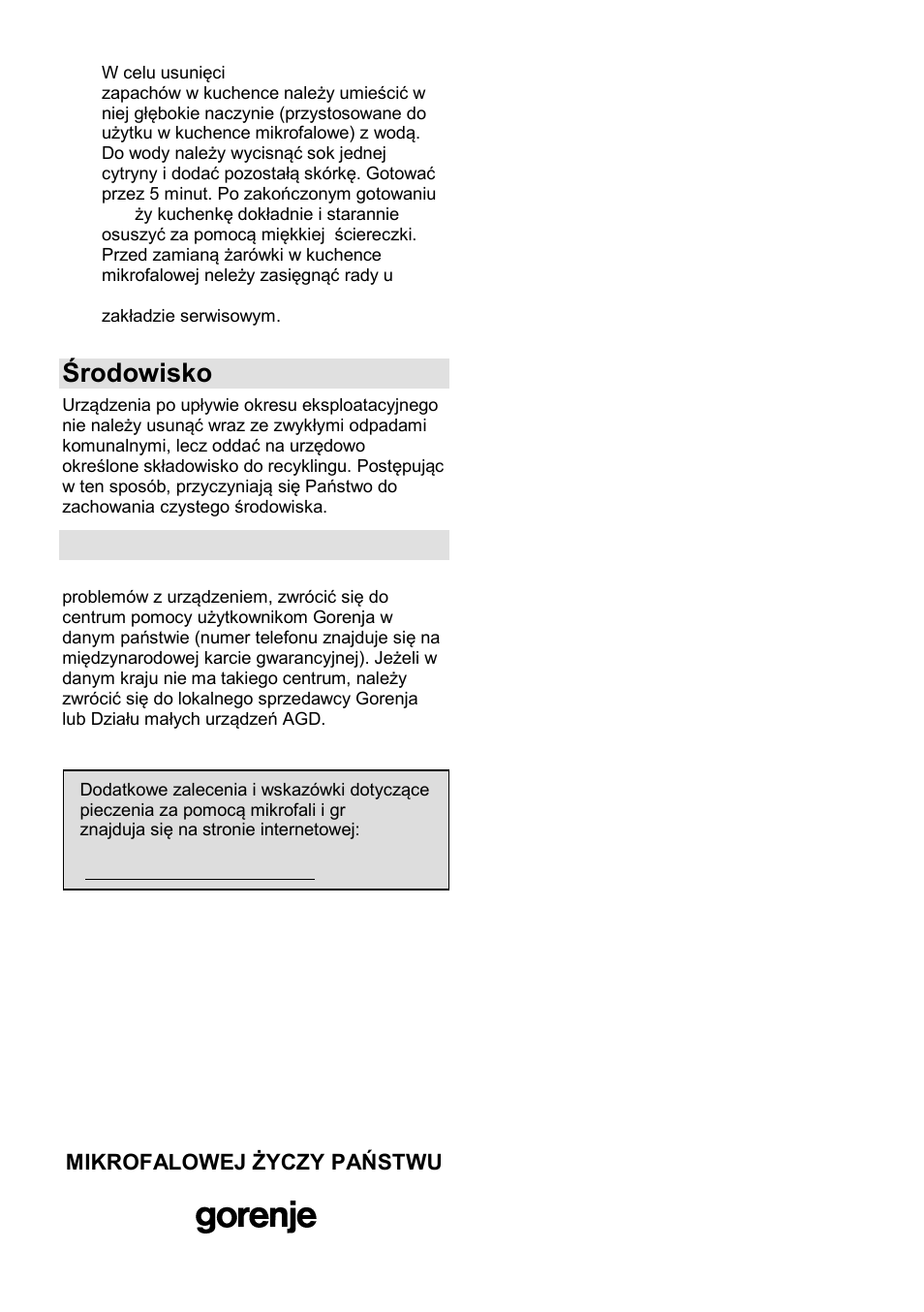 Środowisko, Gwarancja i serwis naprawczy | Gorenje GMO-23 A User Manual | Page 70 / 169