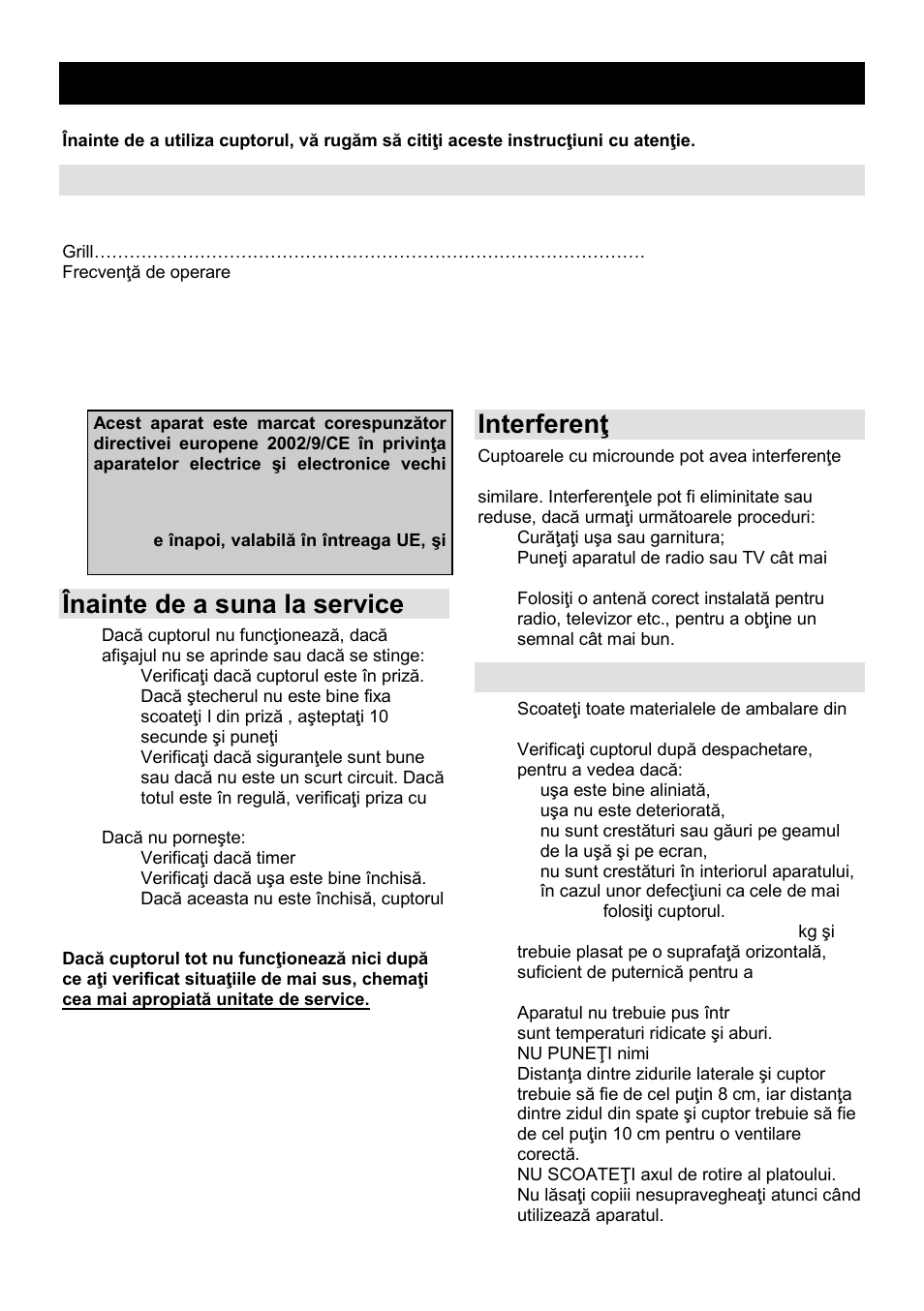 Manual de utilizare ro, Caracteristici, Înainte de a suna la service | Interferenŝe radio, Instalare | Gorenje GMO-23 A User Manual | Page 71 / 169