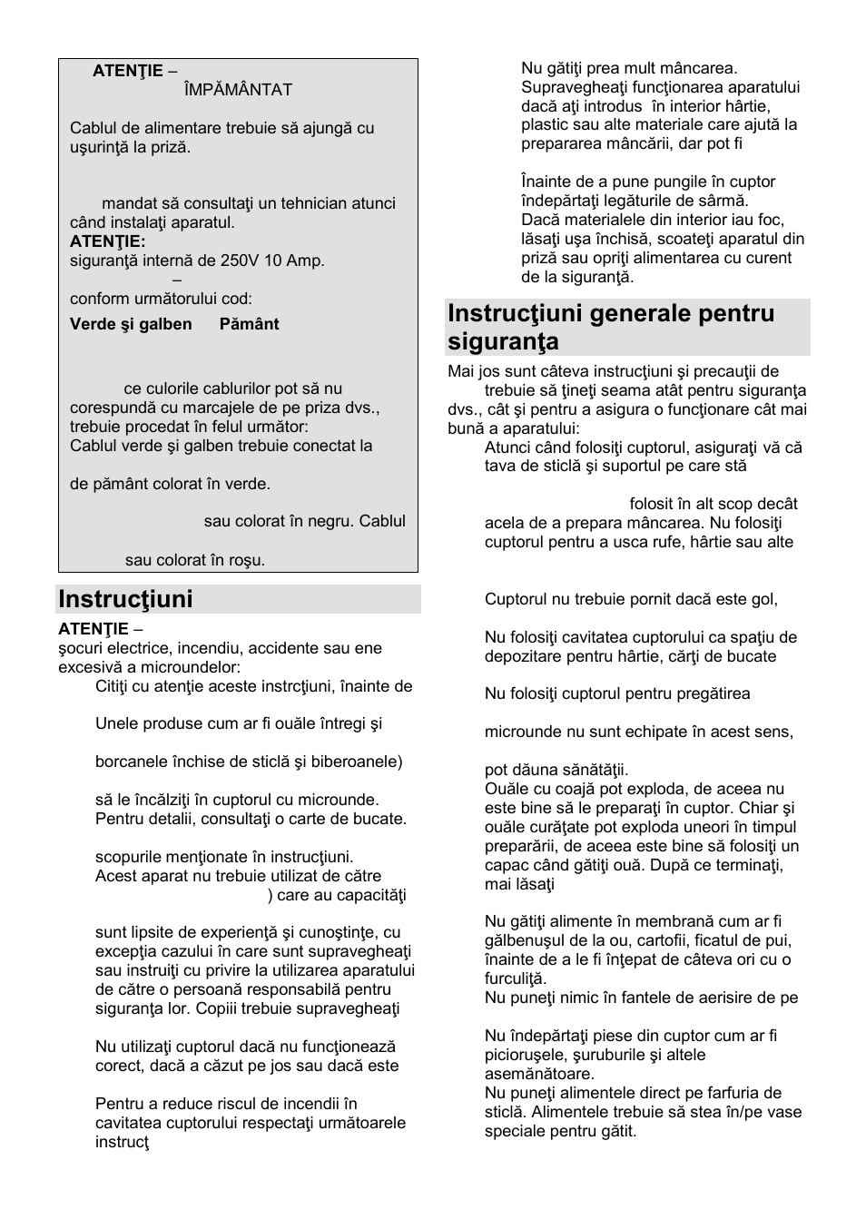 Instrucŝiuni importante, Instrucŝiuni generale pentru siguranŝa dvs | Gorenje GMO-23 A User Manual | Page 72 / 169