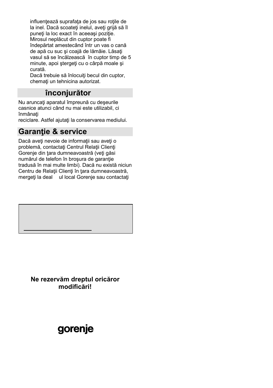 Mediul înconjurător, Garanŝie & service | Gorenje GMO-23 A User Manual | Page 77 / 169