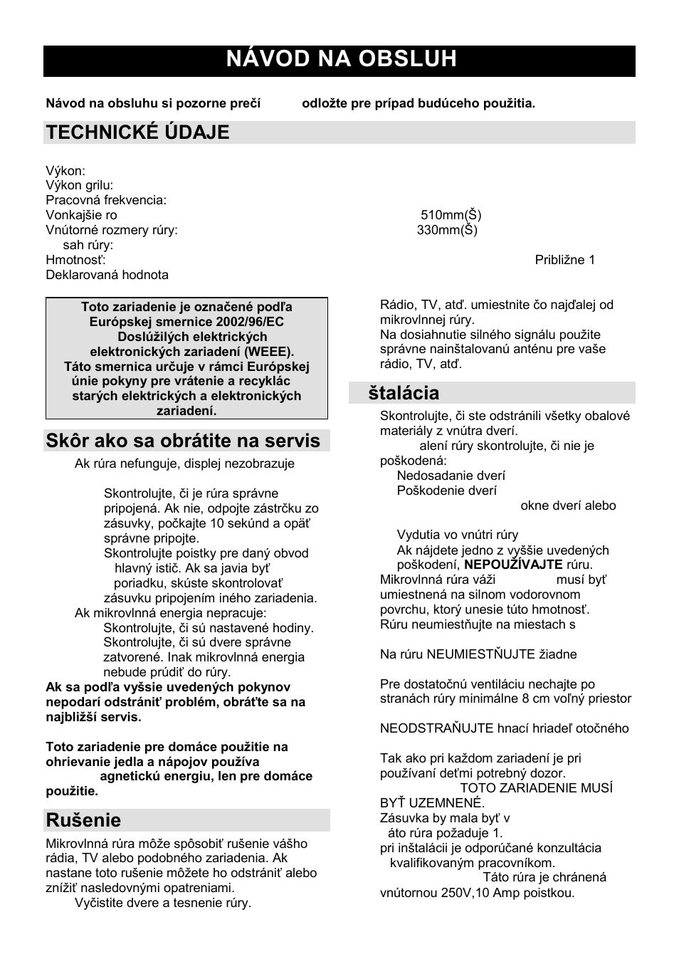 Návod na obsluhu sk, Technické údaje, Skôr ako sa obrátite na servis | Ruńenie | Gorenje GMO-23 A User Manual | Page 78 / 169