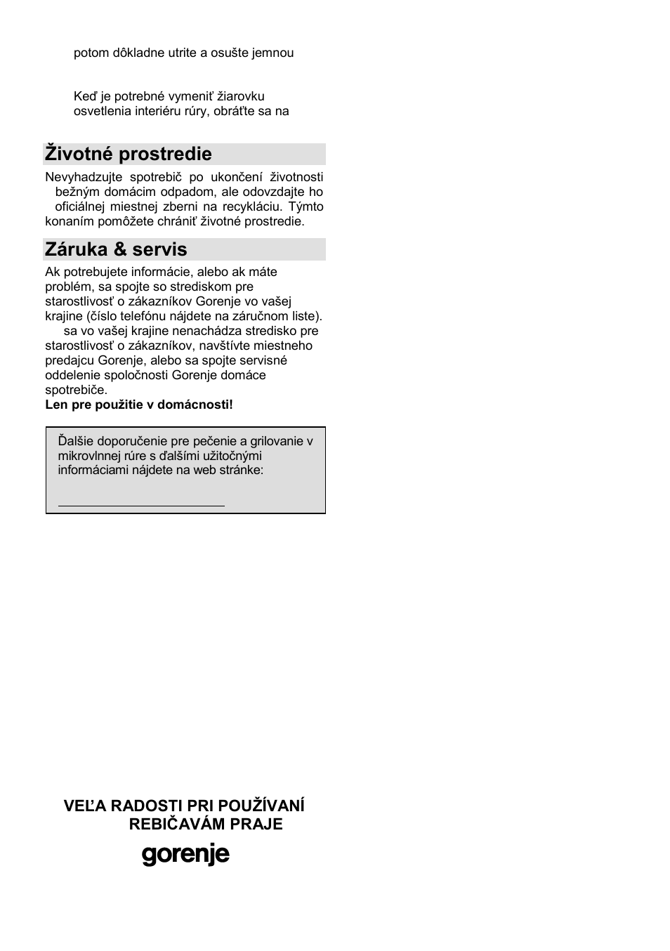 Ņivotné prostredie, Záruka & servis | Gorenje GMO-23 A User Manual | Page 84 / 169