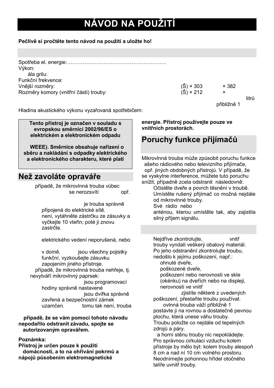 Návod na pouņití cz, Specifikace, Neņ zavoláte opraváře | Poruchy funkce přijímaĉů (interference), Instalace | Gorenje GMO-23 A User Manual | Page 85 / 169