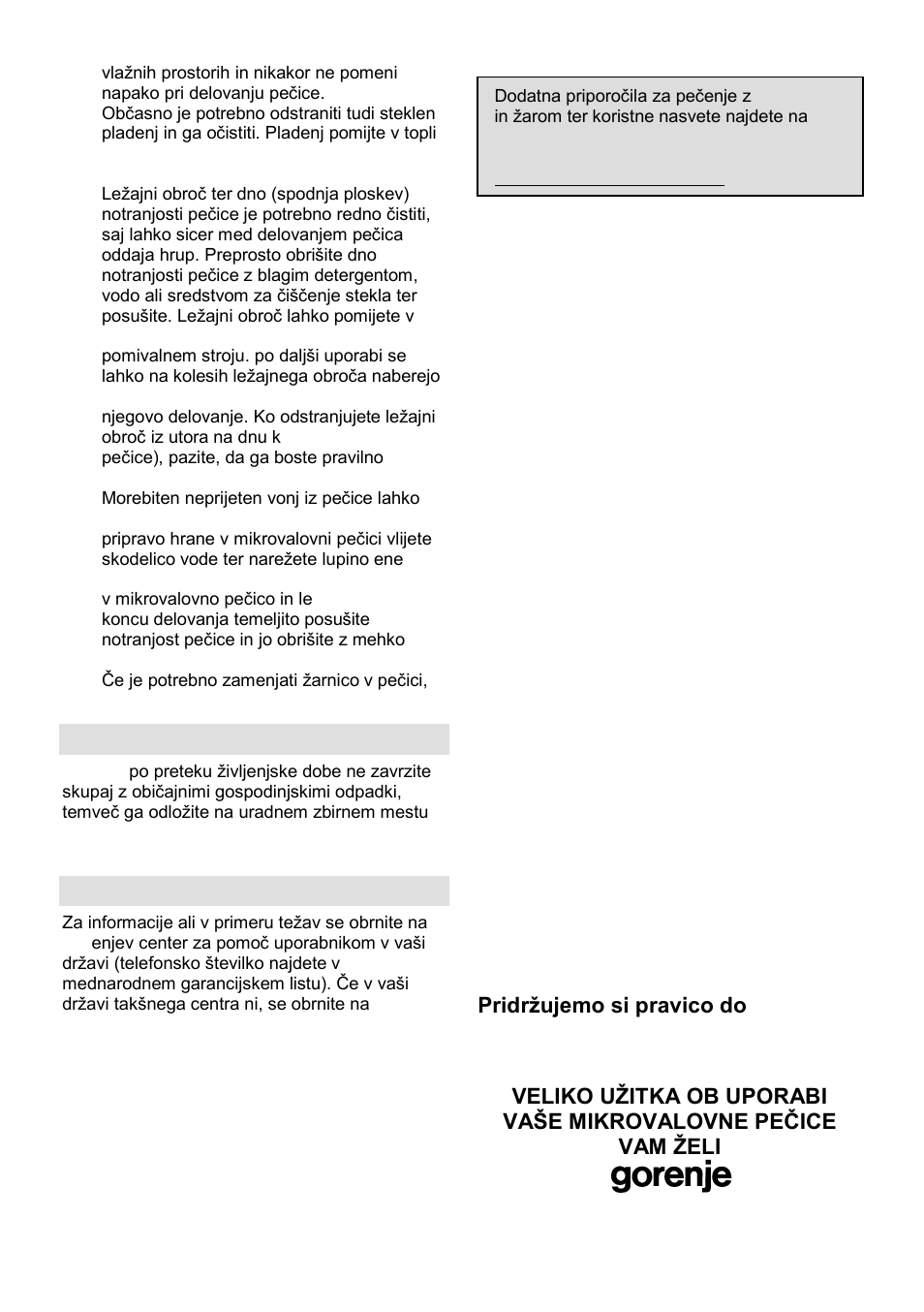 Okolje, Garancija in servis | Gorenje GMO-23 A User Manual | Page 9 / 169