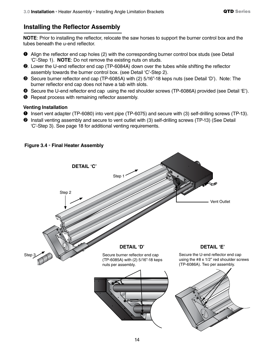 Installing the reflector assembly | Detroit Radiant Products Company QTD Series User Manual | Page 14 / 44