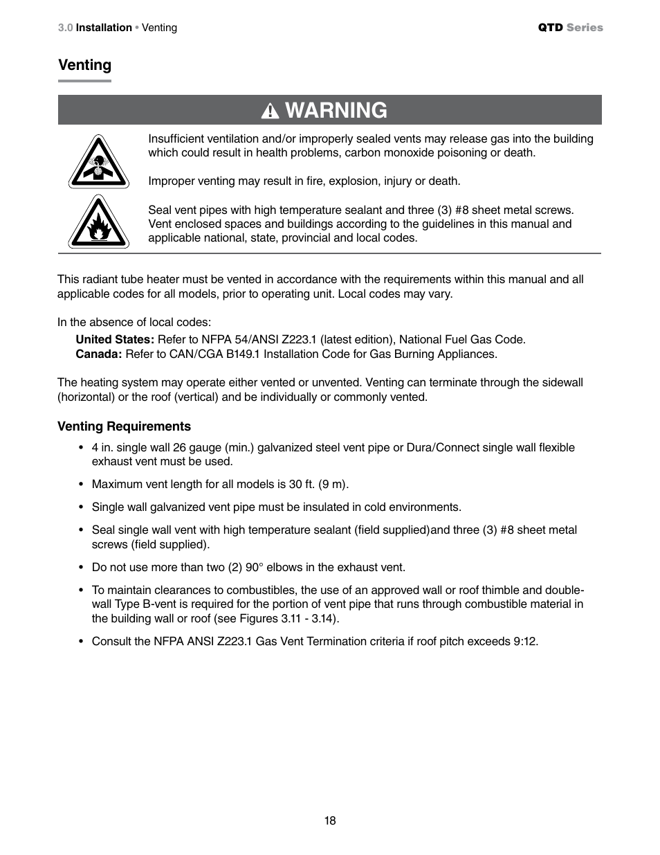 Warning, Venting | Detroit Radiant Products Company QTD Series User Manual | Page 18 / 44