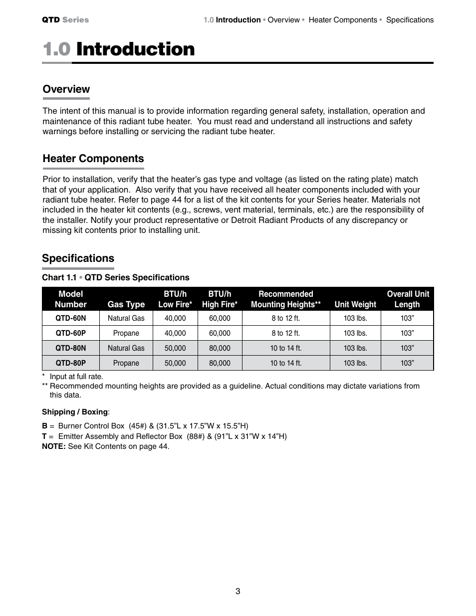 0 introduction, Overview, Heater components | Specifications | Detroit Radiant Products Company QTD Series User Manual | Page 3 / 44