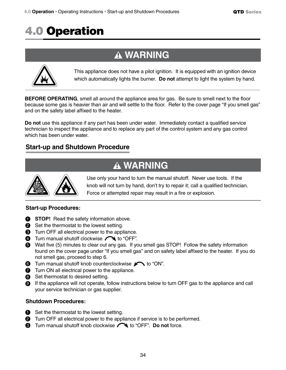 0 operation, Warning | Detroit Radiant Products Company QTD Series User Manual | Page 34 / 44