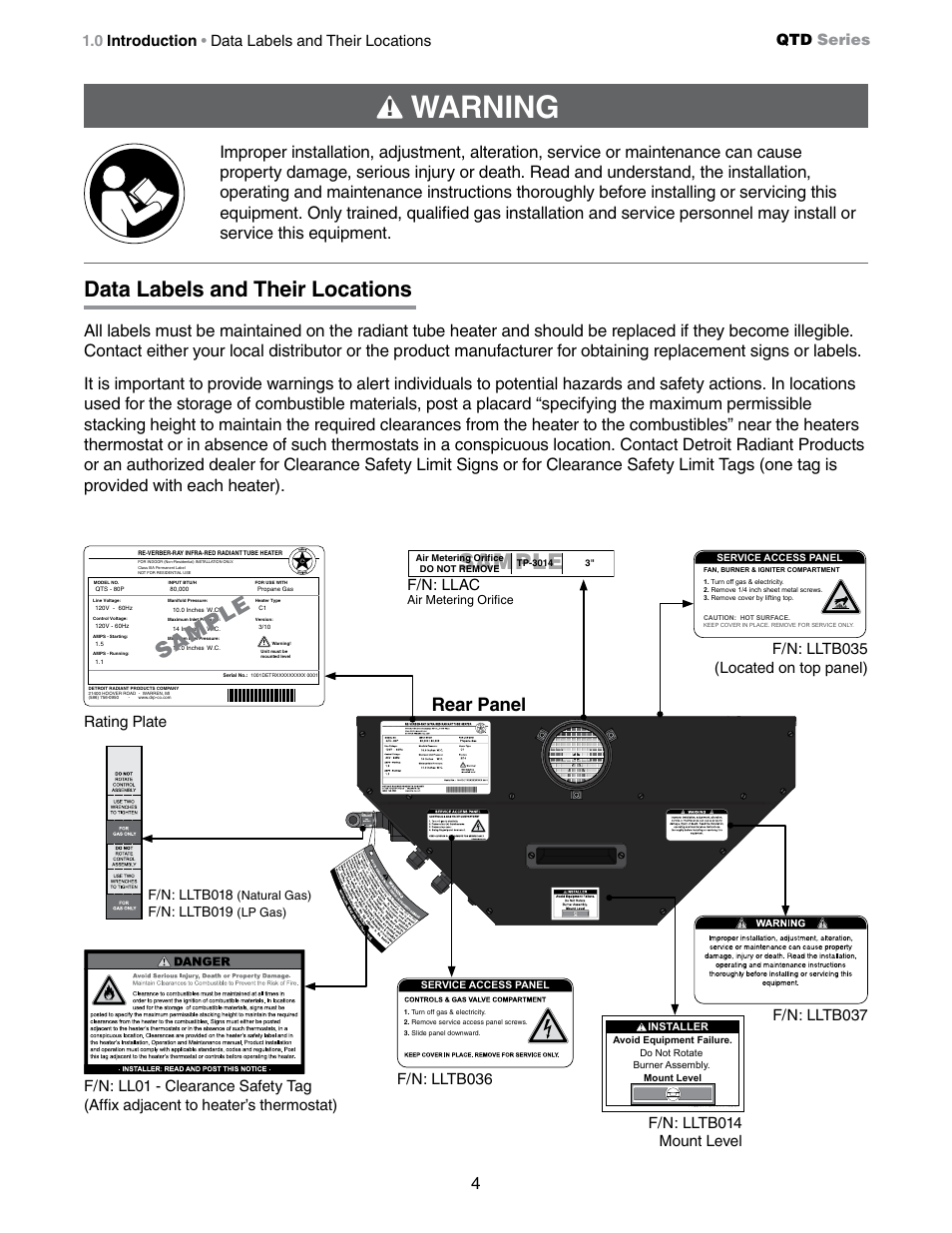 Warning, Sa mp le, Sample | Data labels and their locations, Rear panel, F/n: lltb014 mount level, F/n: lltb035 (located on top panel) f/n: llac, F/n: lltb037, Qtd series, 0 introduction • data labels and their locations | Detroit Radiant Products Company QTD Series User Manual | Page 4 / 44