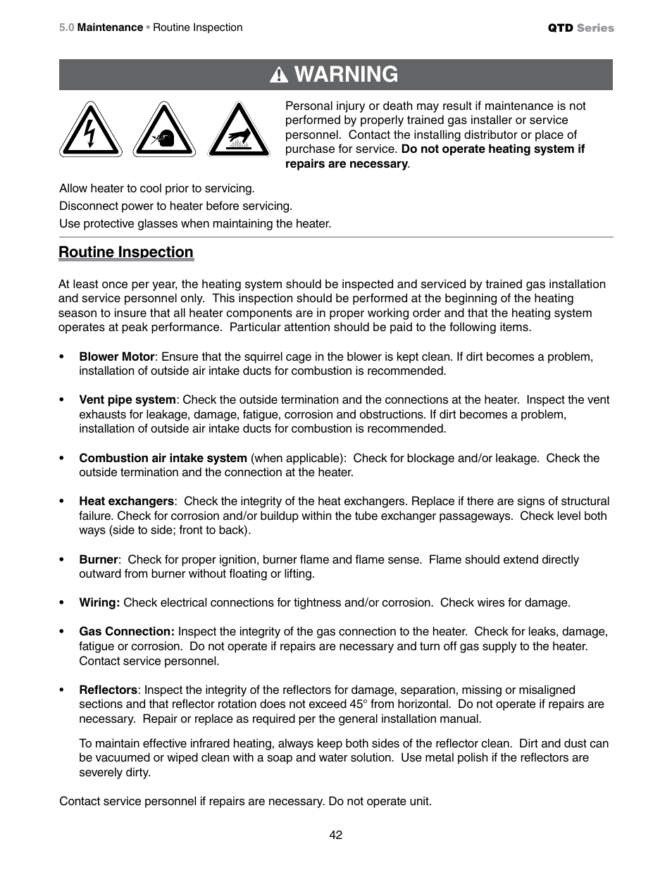 Warning, Routine inspection | Detroit Radiant Products Company QTD Series User Manual | Page 42 / 44