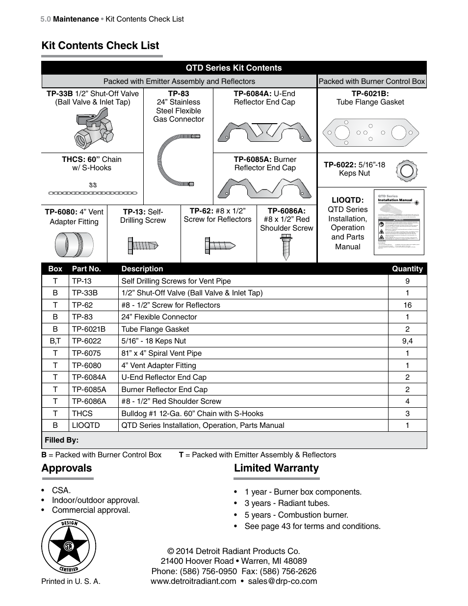 Kit contents check list, Approvals, Limited warranty | Detroit Radiant Products Company QTD Series User Manual | Page 44 / 44