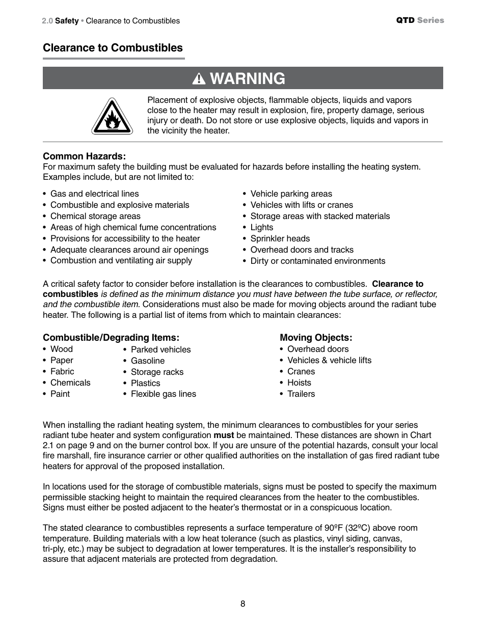 Warning, Clearance to combustibles | Detroit Radiant Products Company QTD Series User Manual | Page 8 / 44
