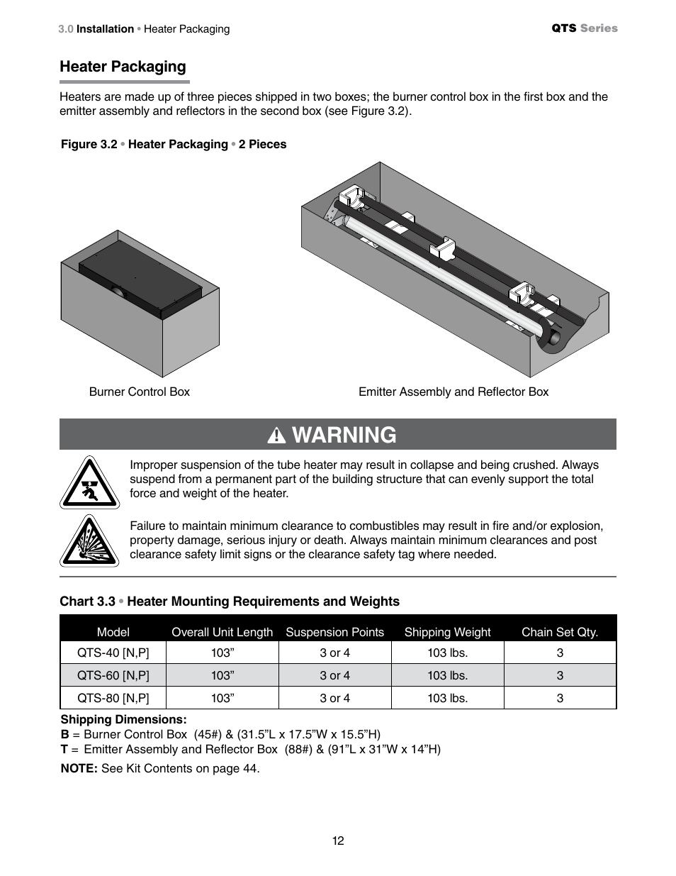 Warning, Heater packaging | Detroit Radiant Products Company QTS Series User Manual | Page 12 / 44