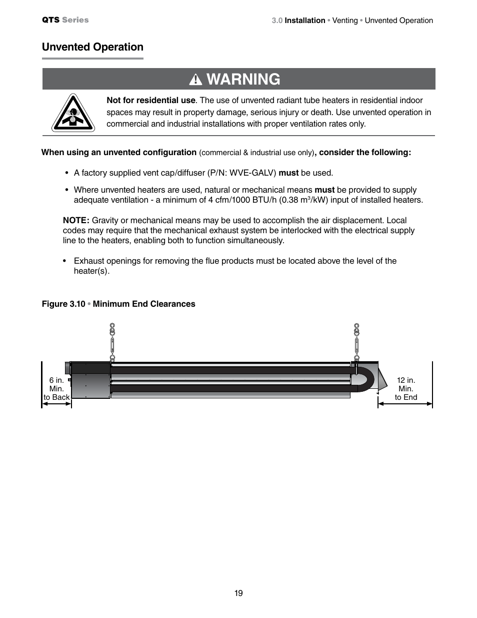 Warning, Unvented operation | Detroit Radiant Products Company QTS Series User Manual | Page 19 / 44