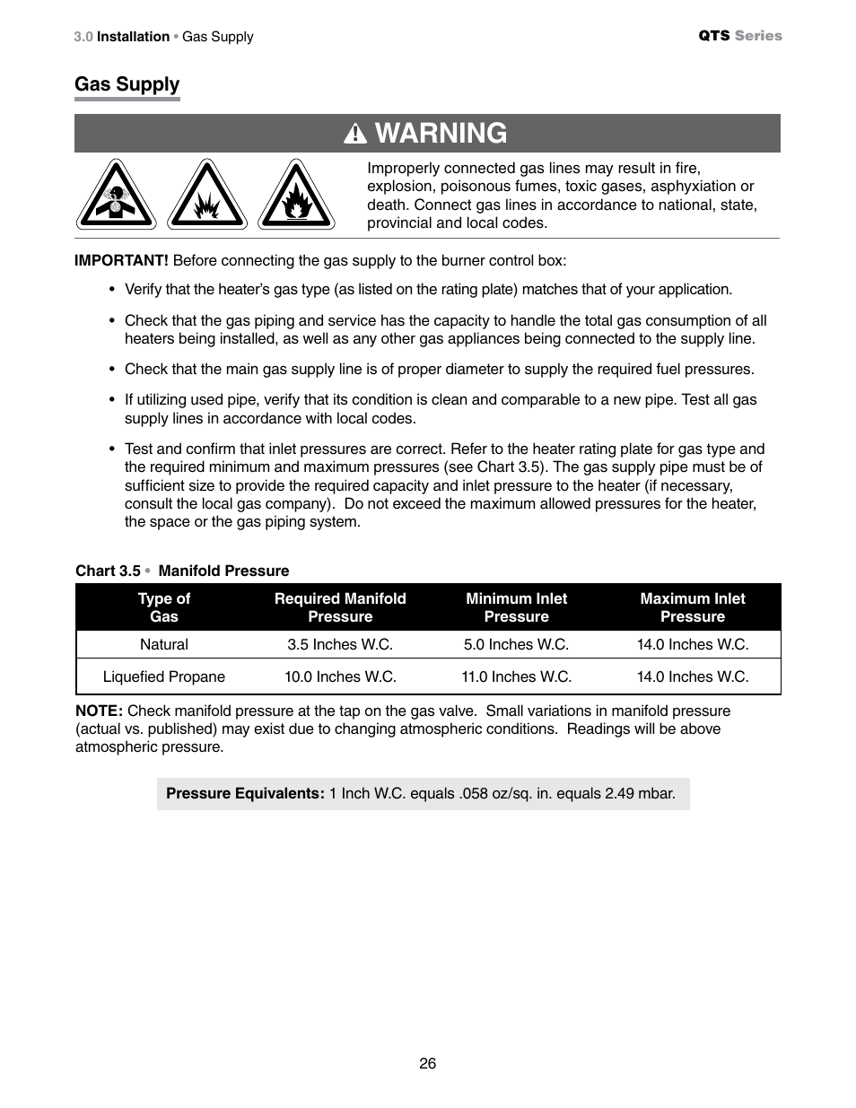 Warning, Gas supply | Detroit Radiant Products Company QTS Series User Manual | Page 26 / 44