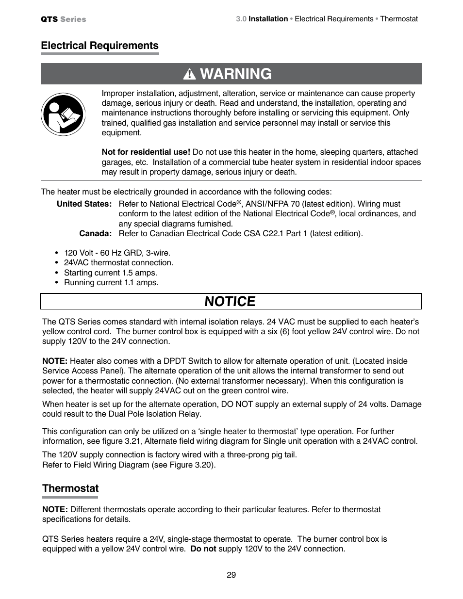 Warning, Notice, Electrical requirements | Thermostat | Detroit Radiant Products Company QTS Series User Manual | Page 29 / 44