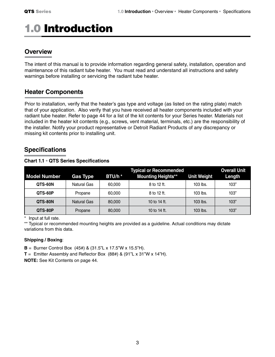 0 introduction, Overview, Heater components | Specifications | Detroit Radiant Products Company QTS Series User Manual | Page 3 / 44