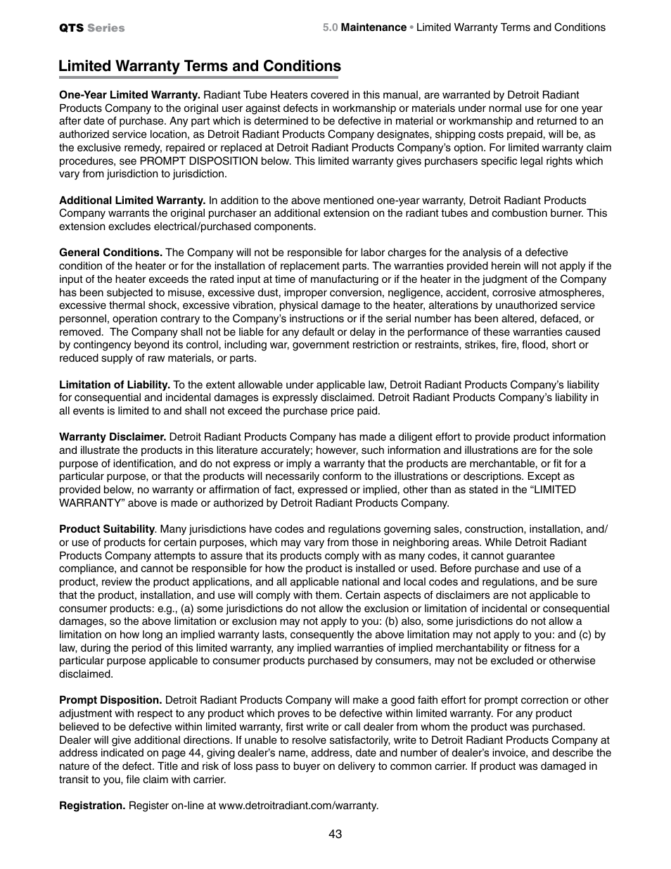 Limited warranty terms and conditions | Detroit Radiant Products Company QTS Series User Manual | Page 43 / 44