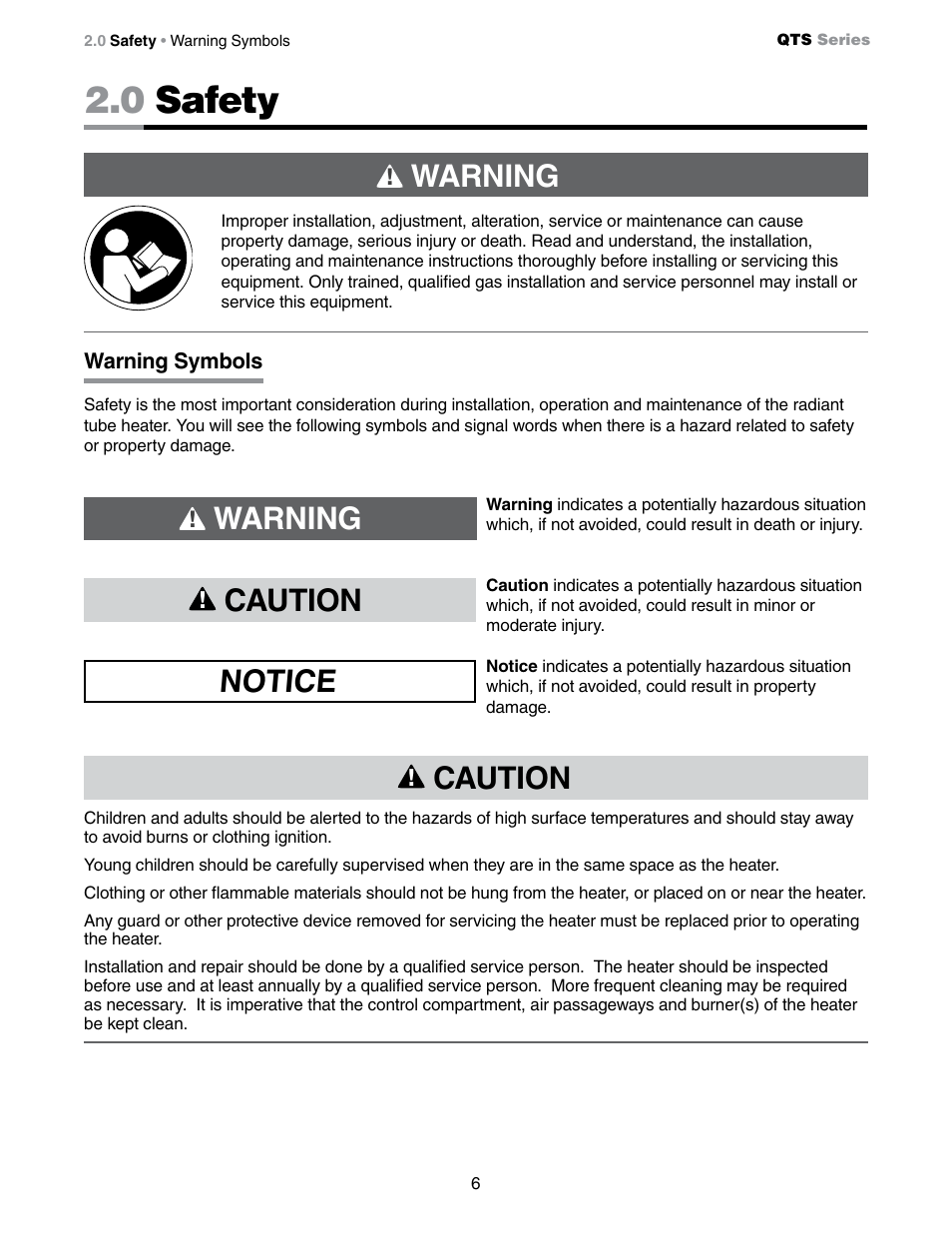 0 safety, Caution, Notice warning | Warning | Detroit Radiant Products Company QTS Series User Manual | Page 6 / 44