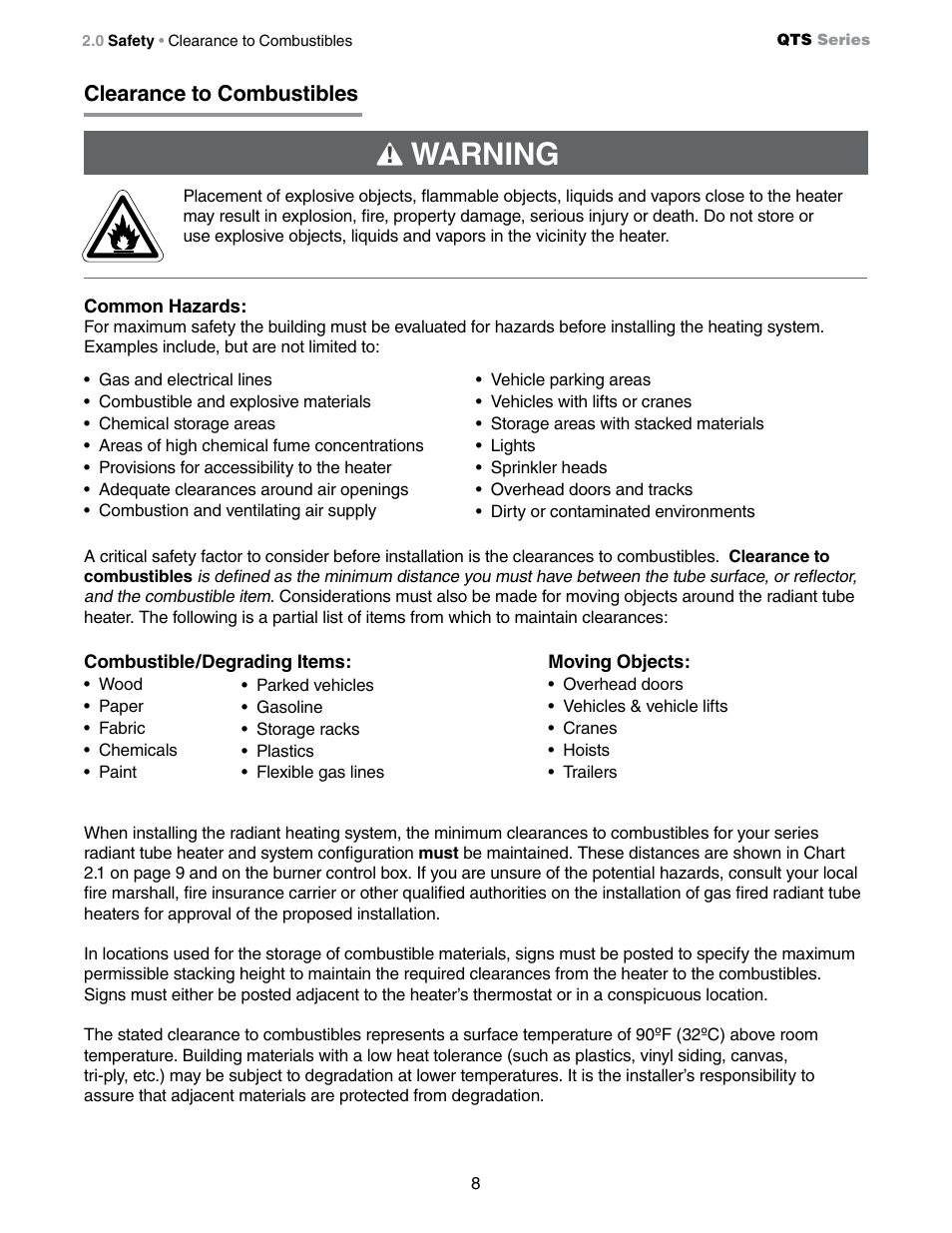 Warning, Clearance to combustibles | Detroit Radiant Products Company QTS Series User Manual | Page 8 / 44