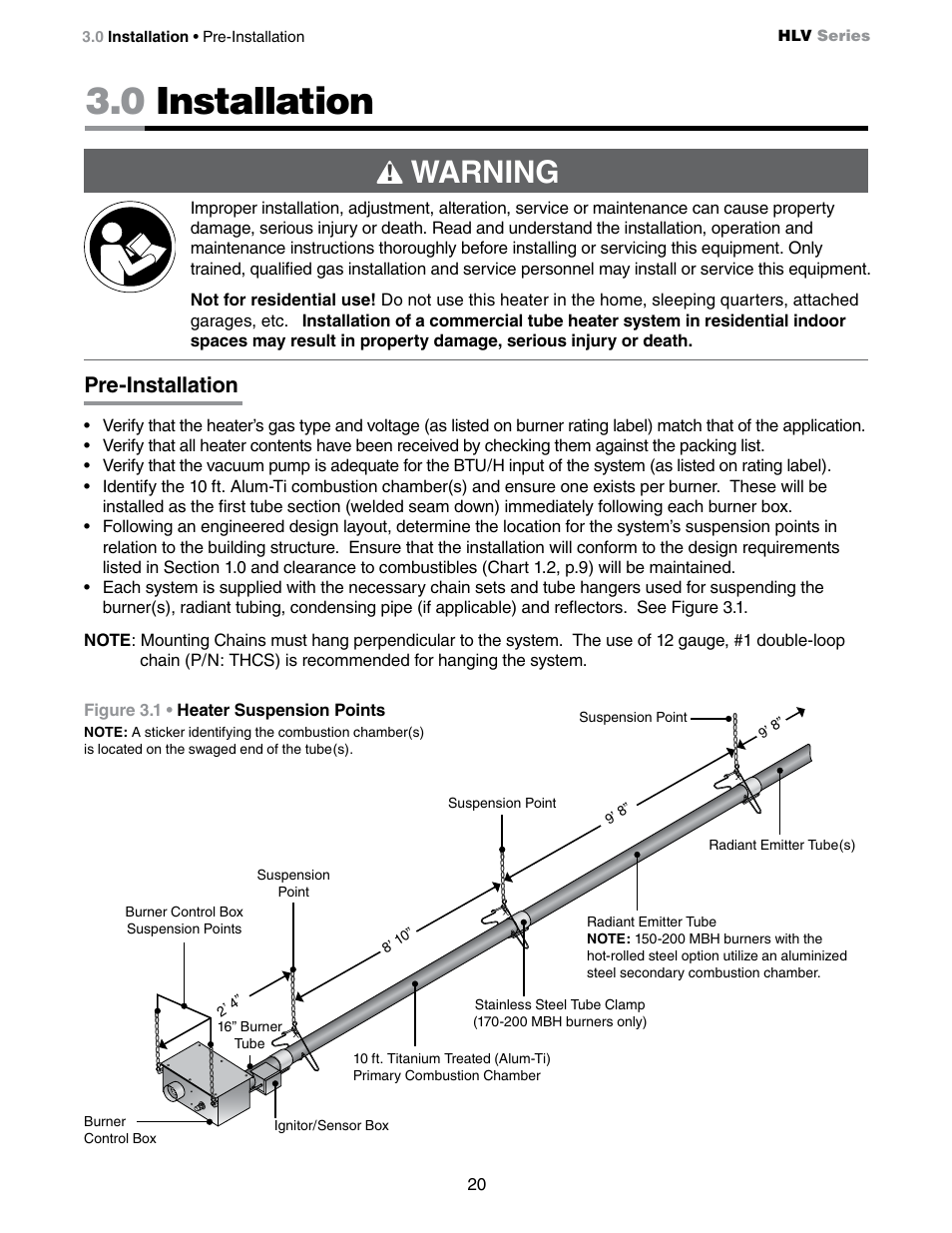 0 installation, Warning, Pre-installation | Detroit Radiant Products Company HLV Series User Manual | Page 20 / 52