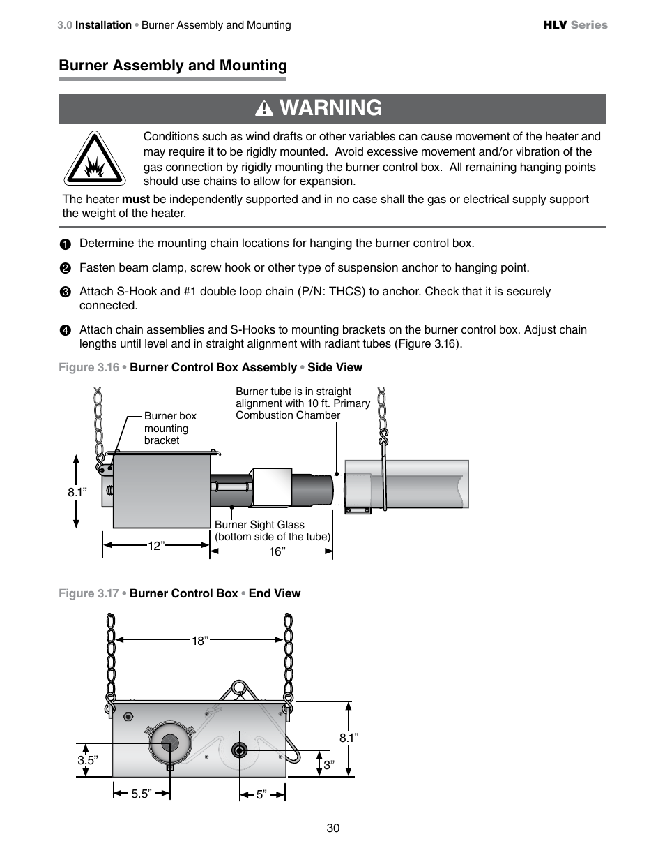 Warning, Burner assembly and mounting | Detroit Radiant Products Company HLV Series User Manual | Page 30 / 52