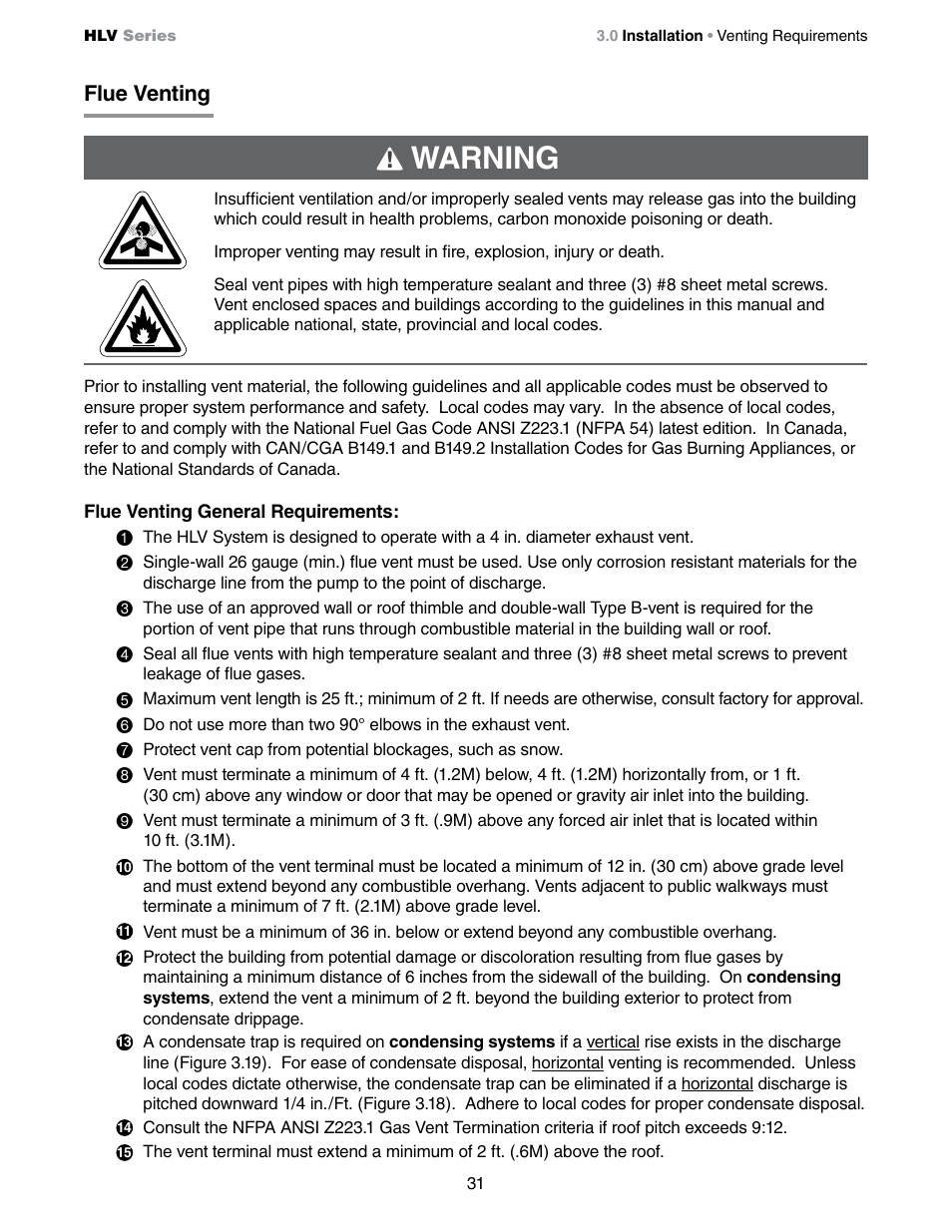 Warning, Flue venting | Detroit Radiant Products Company HLV Series User Manual | Page 31 / 52