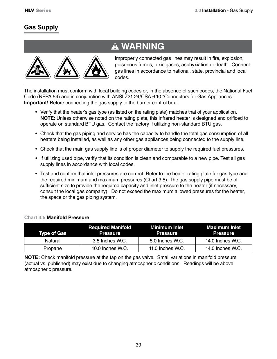 Warning, Gas supply | Detroit Radiant Products Company HLV Series User Manual | Page 39 / 52