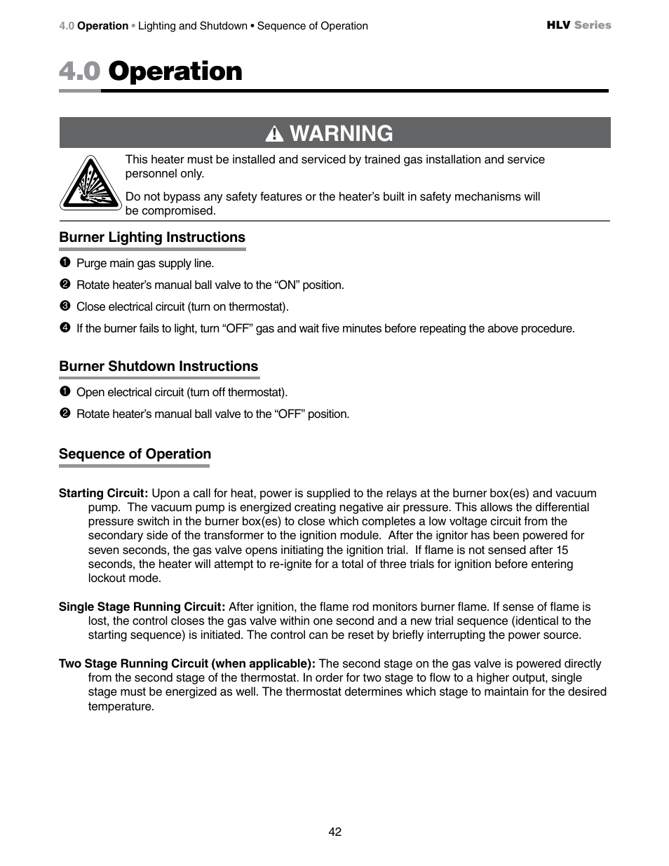 0 operation, Warning | Detroit Radiant Products Company HLV Series User Manual | Page 42 / 52