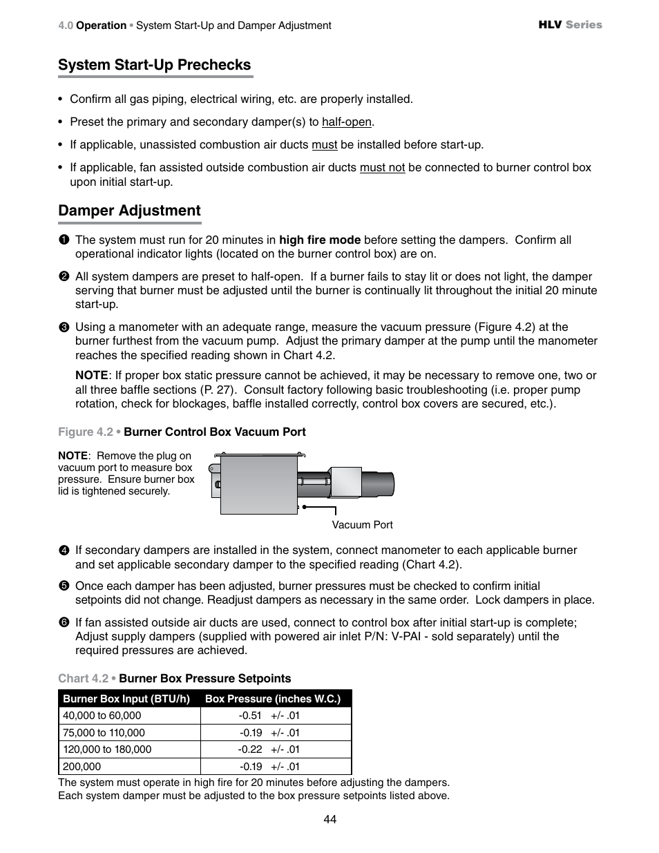 System start-up prechecks, Damper adjustment | Detroit Radiant Products Company HLV Series User Manual | Page 44 / 52