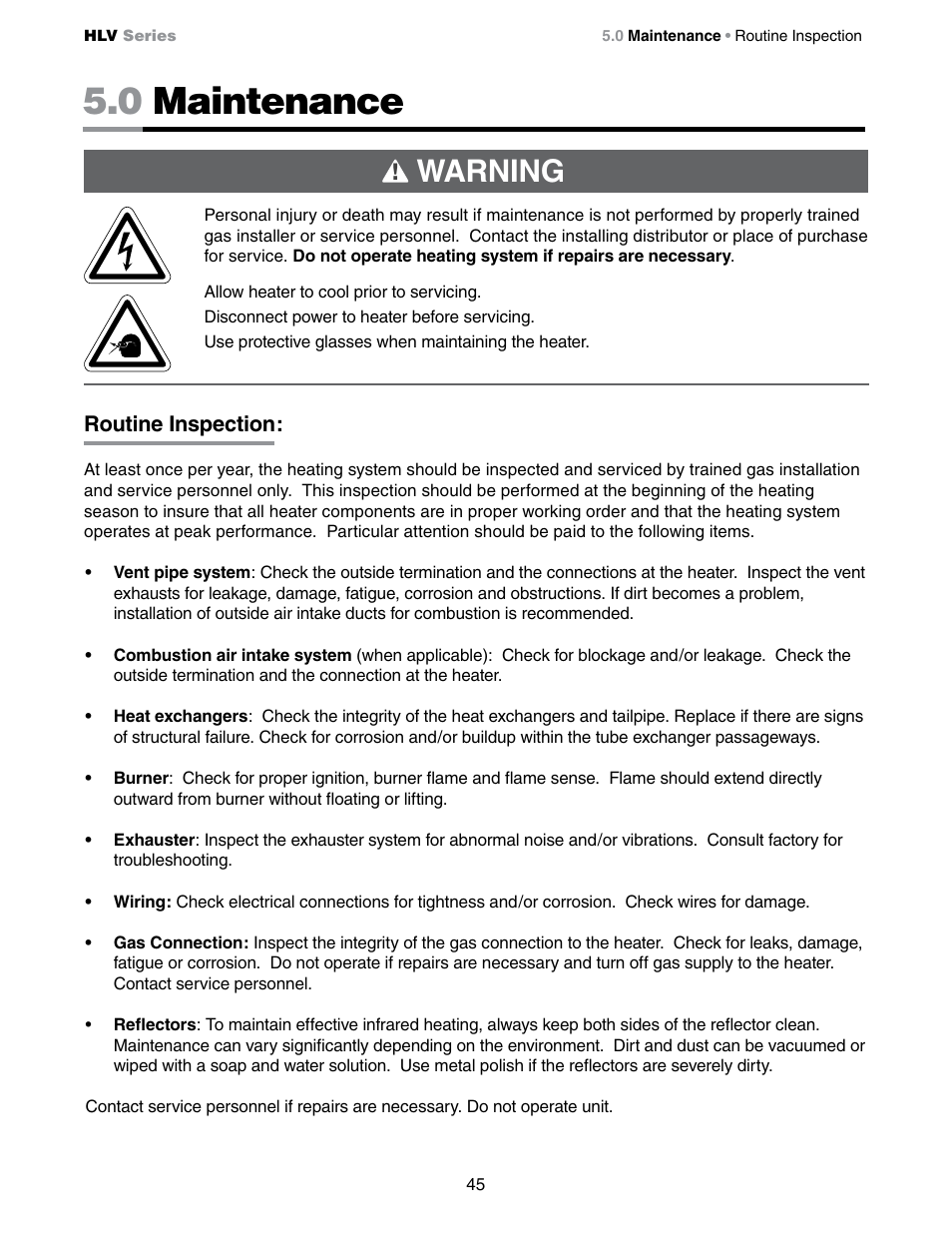 0 maintenance, Warning | Detroit Radiant Products Company HLV Series User Manual | Page 45 / 52