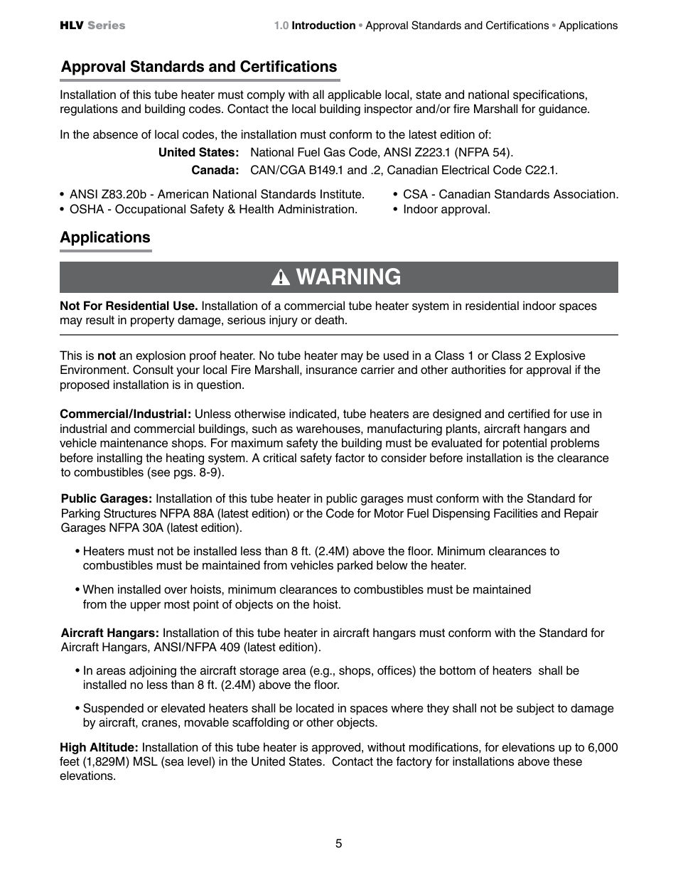 Warning, Applications, Approval standards and certifications | Detroit Radiant Products Company HLV Series User Manual | Page 5 / 52