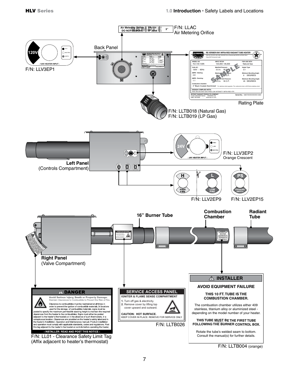 Sa mp le, Sample, F/n: llv3ep2 | Hlv series, Installer, F/n: lltb004, F/n: llv3ep1, F/n: llac air metering orifice, F/n: llv2ep15, Keep cover in place. remove for service only | Detroit Radiant Products Company HLV Series User Manual | Page 7 / 52