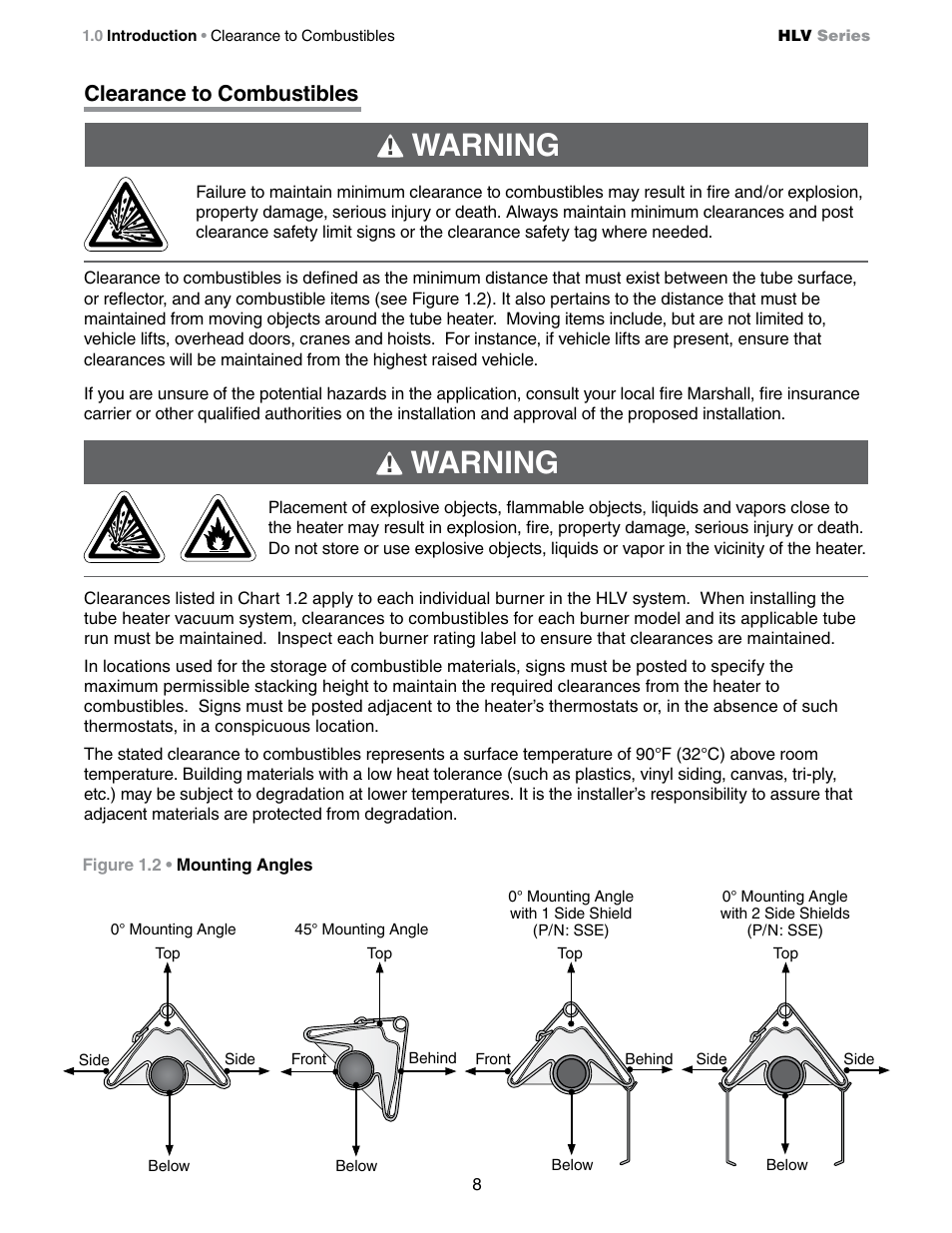 Warning, Clearance to combustibles | Detroit Radiant Products Company HLV Series User Manual | Page 8 / 52