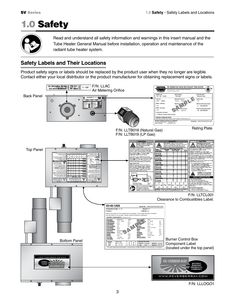0 safety, Sa mp le sa mp le, Sample | Safety labels and their locations, F/n: llac air metering orifice, Sv series, 0 safety • safety labels and locations | Detroit Radiant Products Company SV Series User Manual | Page 3 / 20
