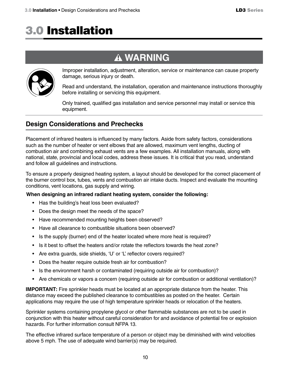 0 installation, Warning | Detroit Radiant Products Company LD3 Series User Manual | Page 10 / 60