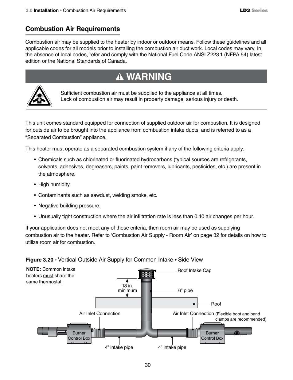 Warning, Combustion air requirements | Detroit Radiant Products Company LD3 Series User Manual | Page 30 / 60