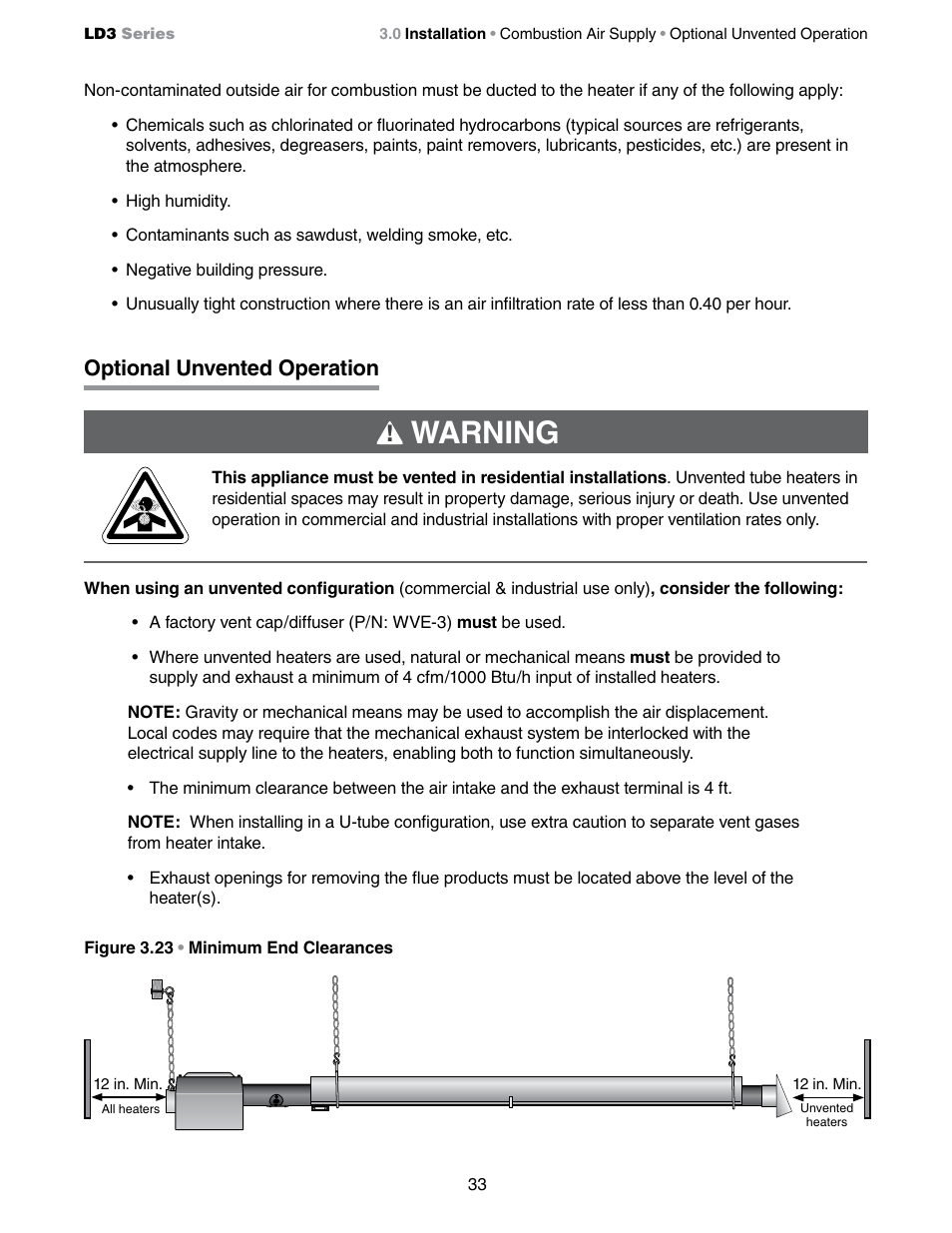 Warning, Optional unvented operation | Detroit Radiant Products Company LD3 Series User Manual | Page 33 / 60