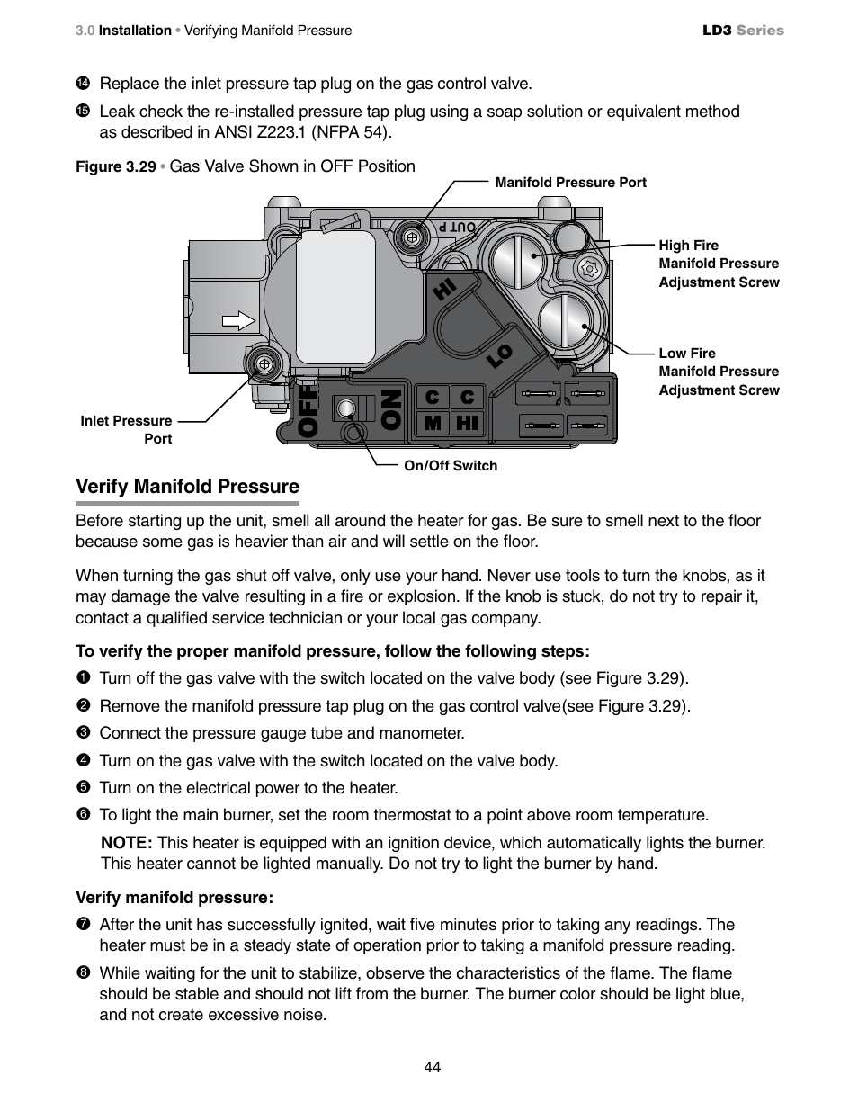 Verify manifold pressure | Detroit Radiant Products Company LD3 Series User Manual | Page 44 / 60