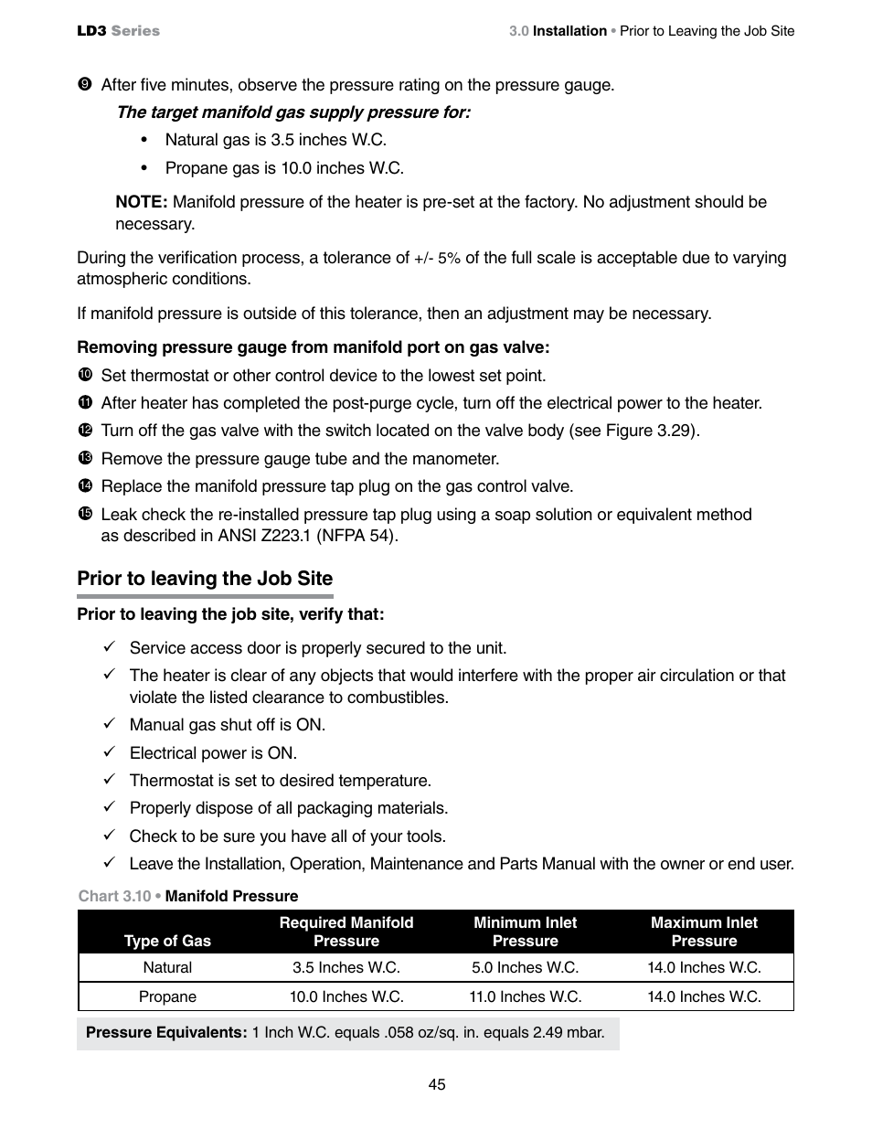 Prior to leaving the job site | Detroit Radiant Products Company LD3 Series User Manual | Page 45 / 60