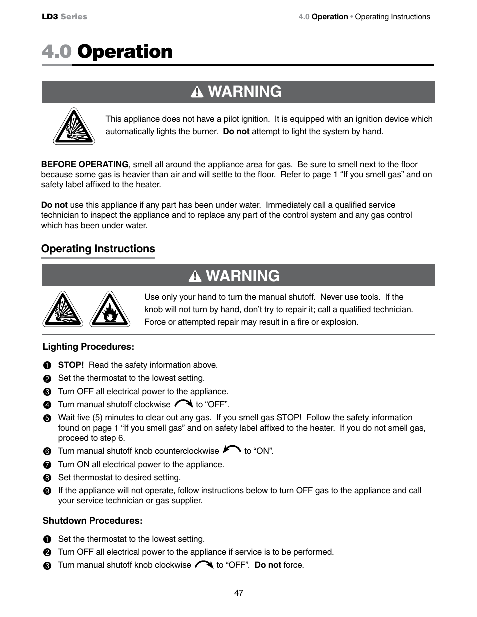 0 operation, Warning | Detroit Radiant Products Company LD3 Series User Manual | Page 47 / 60