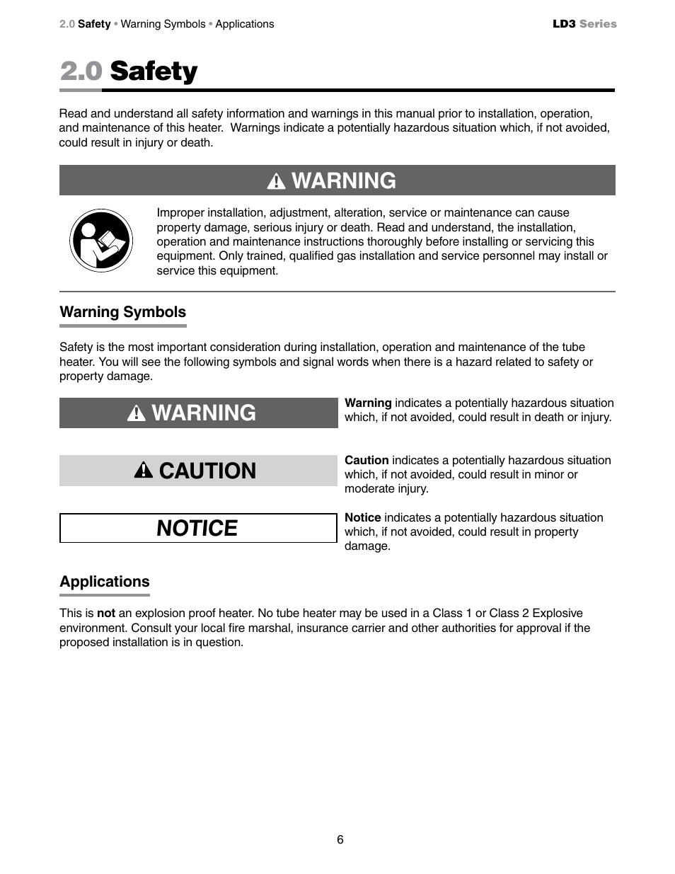 0 safety, Notice warning, Caution | Warning | Detroit Radiant Products Company LD3 Series User Manual | Page 6 / 60