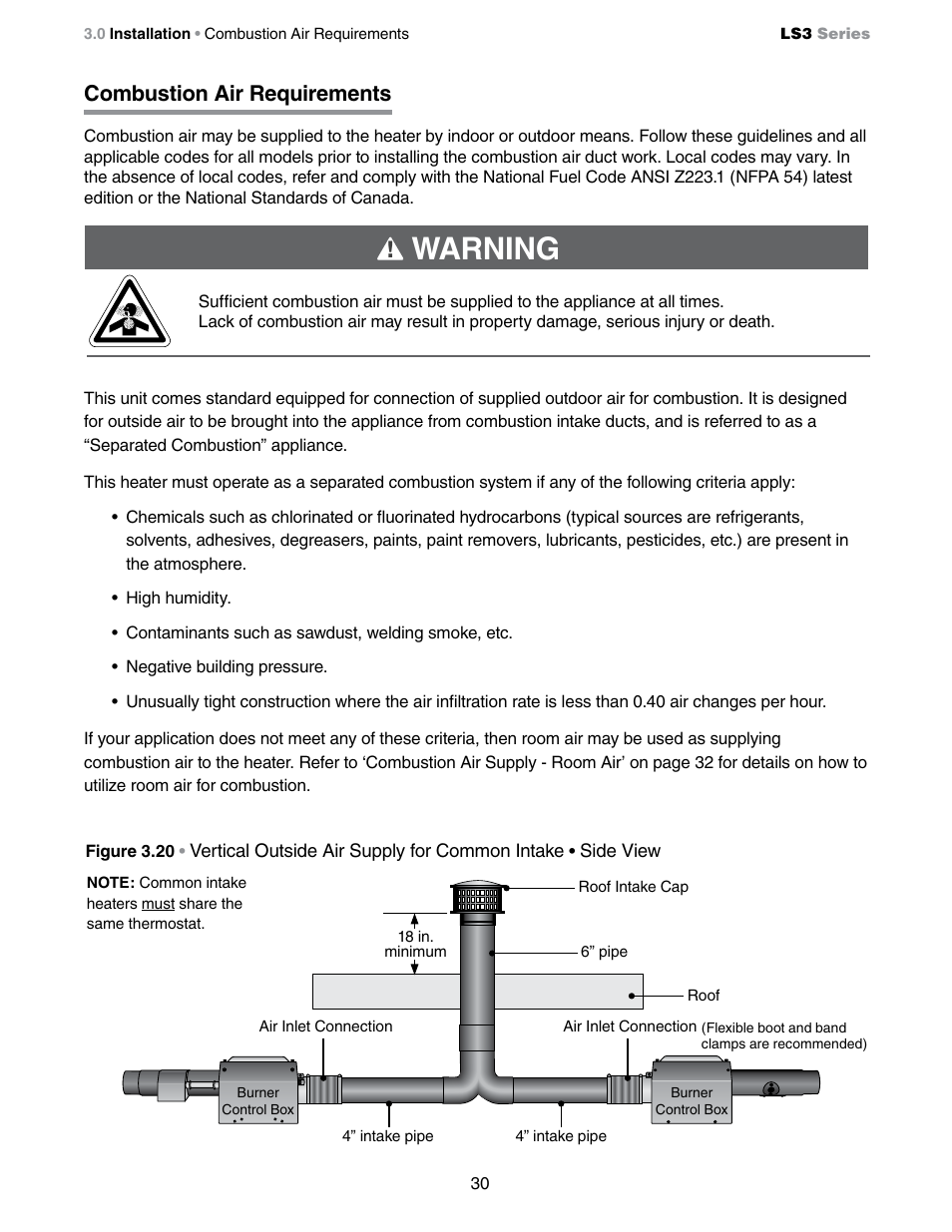 Warning, Combustion air requirements | Detroit Radiant Products Company LS3 Series User Manual | Page 30 / 60