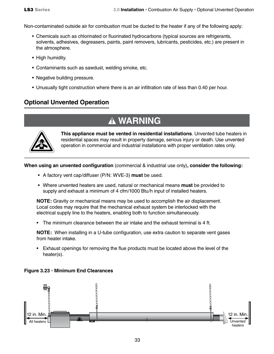 Warning, Optional unvented operation | Detroit Radiant Products Company LS3 Series User Manual | Page 33 / 60